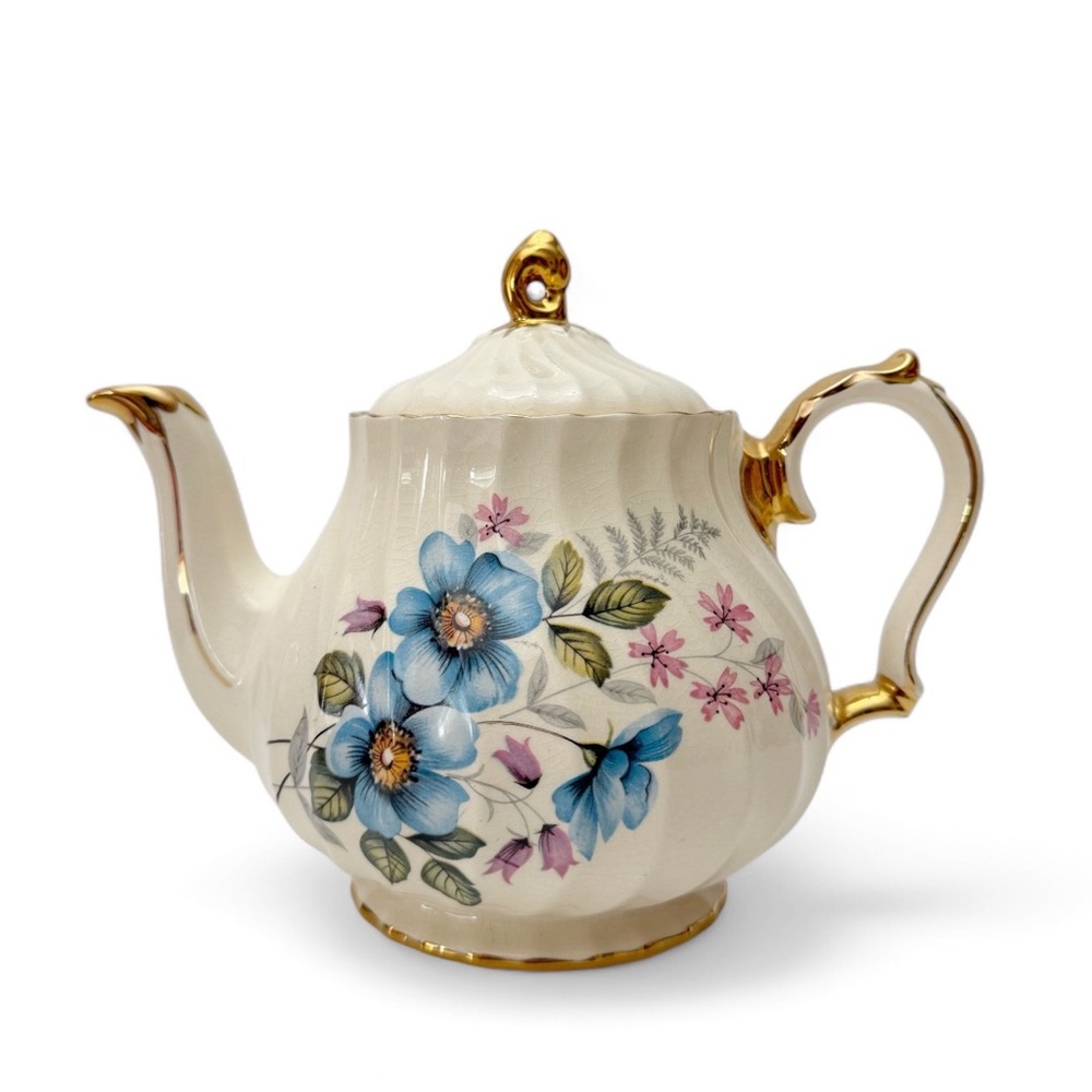 Vintage James Sadler England Blue & Pink Floral Gold Accent Teapot